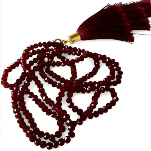 Garnet Red Faceted Crystal Necklace w/ Layered Tassels – 36” Long - Picture 14 of 15